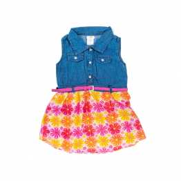 "Girls’ Stylish Denim & georgette Summer  Frock with Belt Pink Flower"